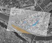 two hundred year old map of pittsburgh overlaid upon an aerial photograph taken in 1995